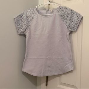 J Crew Baby Blue Cotton Blend Short Sleeve Shirt with Crocheted Sleeves